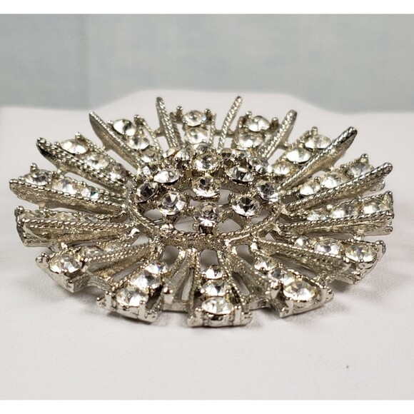 Vintage Large Sunburst Crystal Rhinestone 2.5" Silver Tone Brooch - Picture 12 of 16